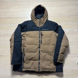 Eddie Bauer Mountain Ops Men’s Down Hooded Jacket 2XL Tan Puffer Insulated parka